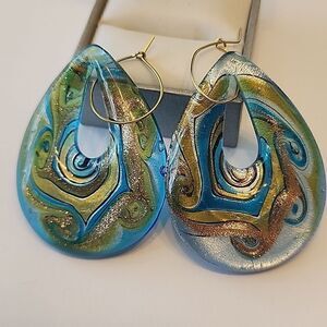Turquoise and Gold Lampwork Earrings Glass Art Artisan